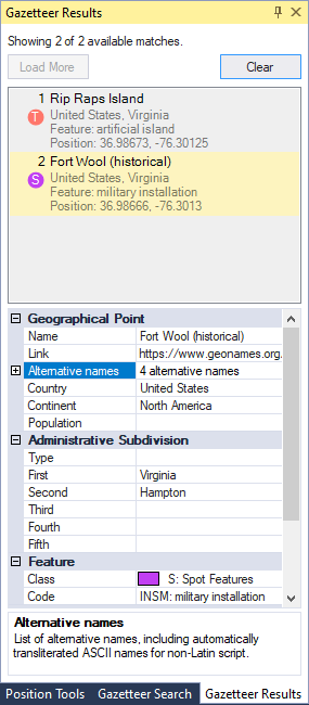 Gazetteer Results Pane